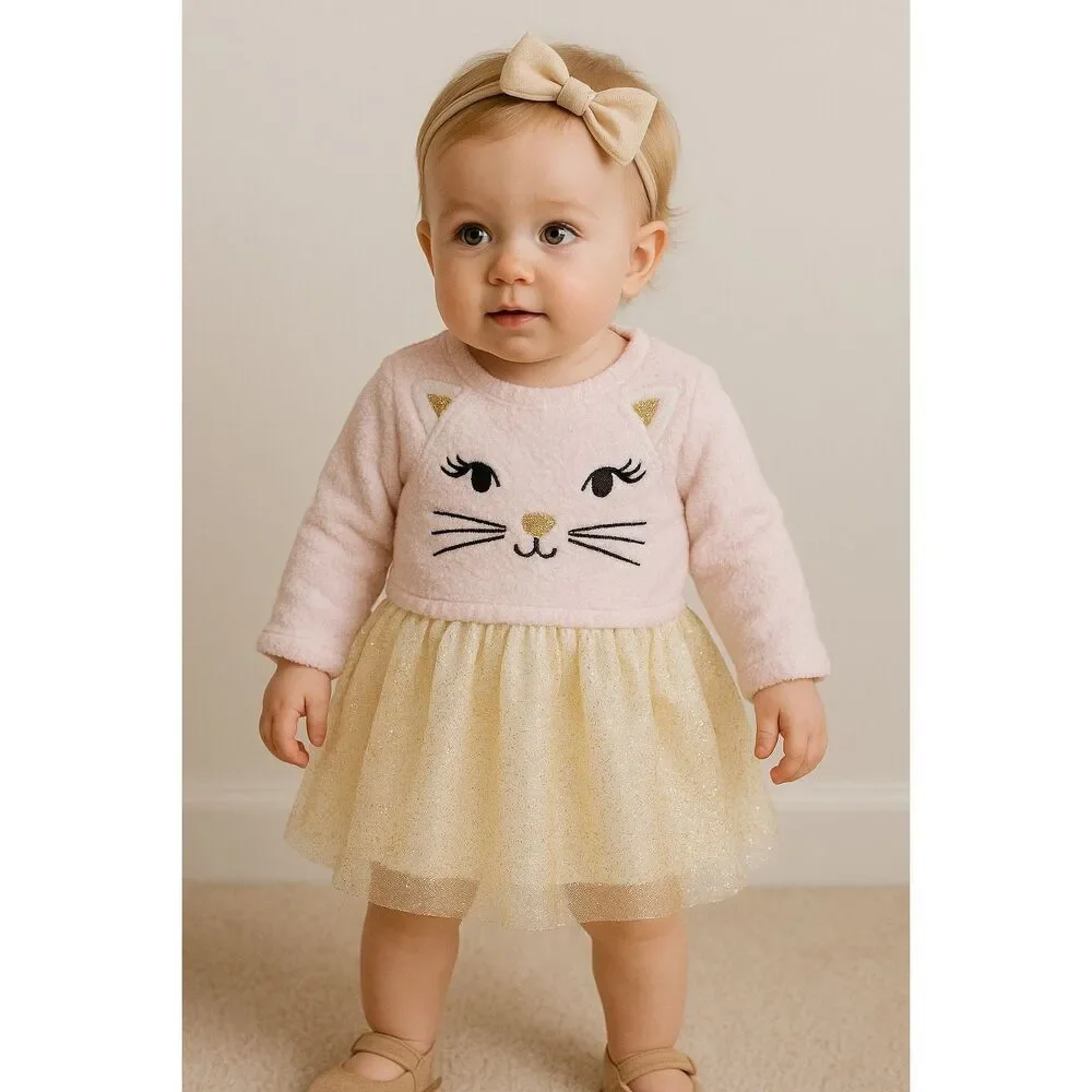 Little Lass Girl Dress Pink White Gold Sparkles Tutu 1pc Fuzzy Kitty Cat Top 12M